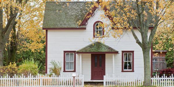 White house with red trim.